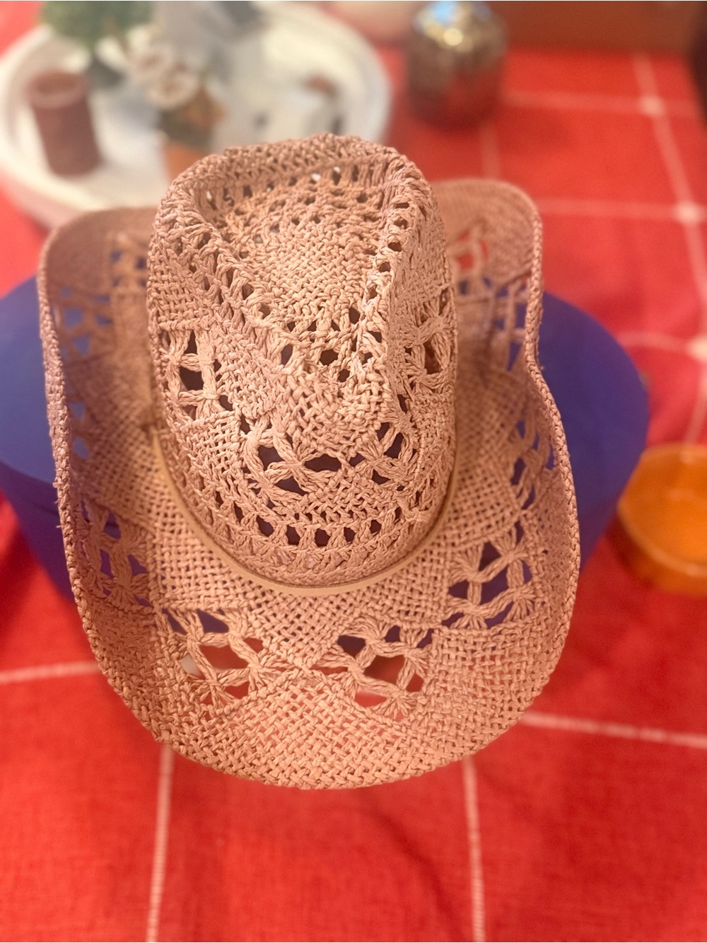 Crochet Open-Weave Cowboy Hat in Tan